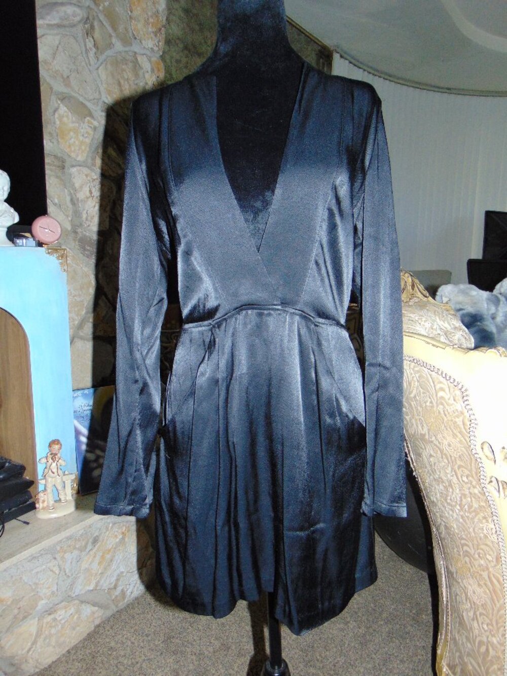 Reformation Black Satiny Wet Mini Dress Plunging Neck Long Sleeve Tuxedo 4